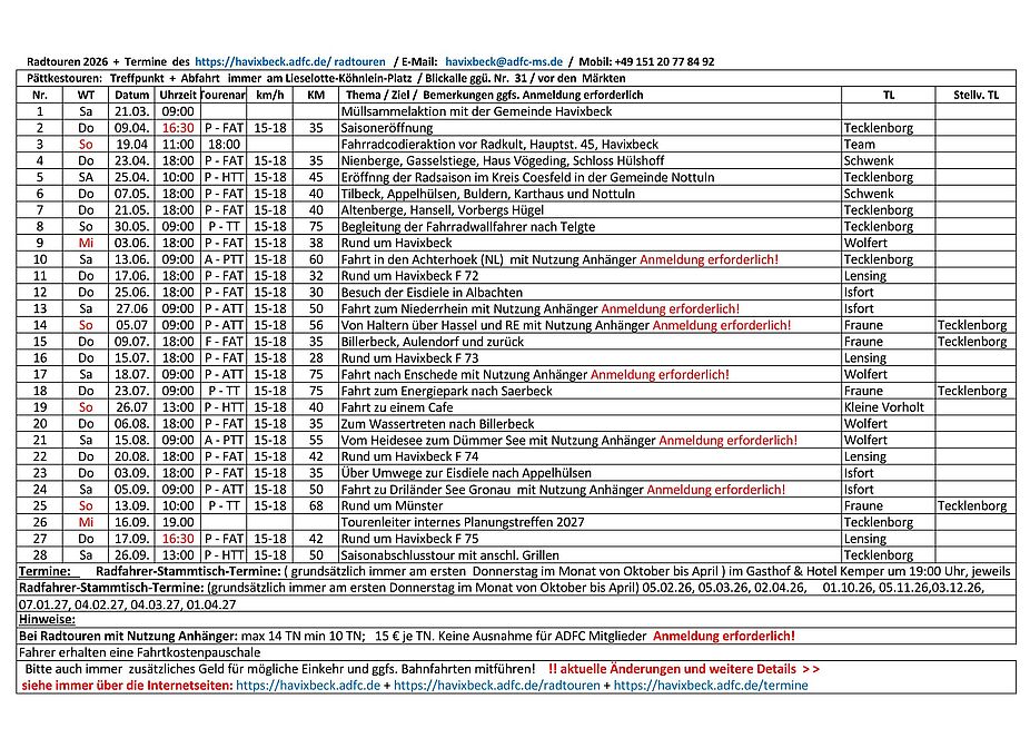 Radtourenprogramm 2026 Havixbeck Innenseite Bild von Innenseite vom Flyer Havixbeck 2026