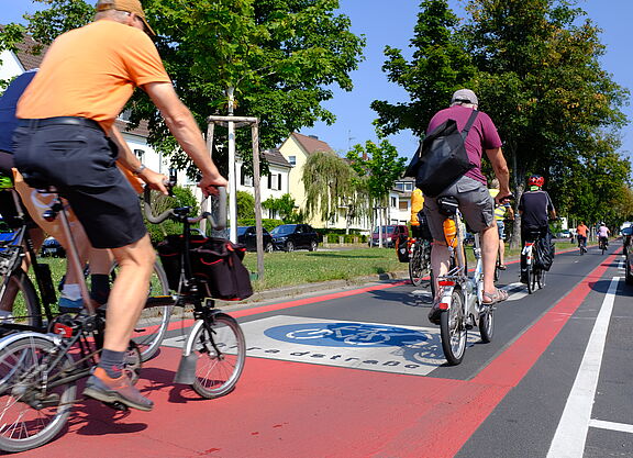 2024-08-Exkursion_Bonn_-_ADFC_NRW__78_.JPG Eine neu markierte Fahrradstraße in Bonn. Man sieht mehrere Radfahrer:innen.